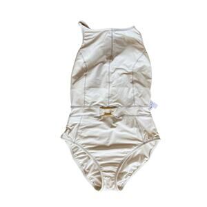 BLEU ROD BEATTIE Belted One Piece Swimsuit Molded Cups Sweetheart Neck White 10